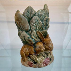 Vintage Majolica Pottery Pedestal Vase With Rabbits